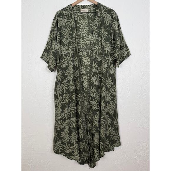 Kantha Bae Open Front Green Leaf Print Kimono Duster Lightweight Flowy Boho OS - Picture 1 of 3